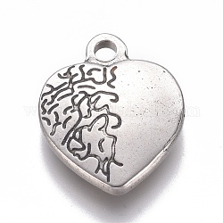 Pendentifs texturés en 304 acier inoxydable, coeur avec motif vasculaire, argent antique, 20x16.5x3.5mm, Trou: 2.2mm