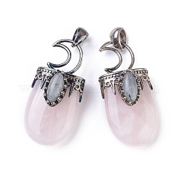 Ciondoli quazo rosa naturale, con accessori di ottone, ovale, argento antico, 44~46x20~21x16~17mm, Foro: 5x7 mm