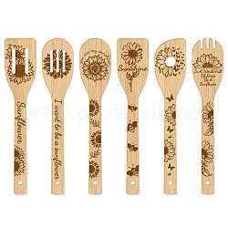 6 cucchiaio di bambù, coltelli e forchette, posate per dessert, modello di semi di girasole, 60x300mm, 6 stile, 1pc / style, 6 pc / set