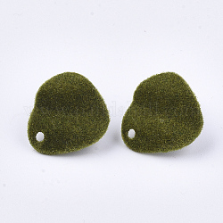 Fornituras de aretes de hierro flocky, con pasadores de acero, verde oliva, 14x15mm, agujero: 1.5 mm, pin: 0.8 mm