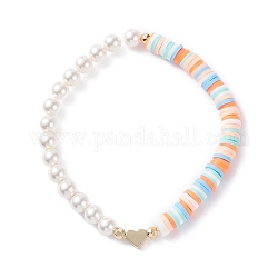 Braccialetto elastico fatto a mano con perline heishi in argilla polimerica, gioielli da donna con perle di conchiglia e perline a cuore, colorato, diametro interno: 2-1/4 pollice (5.6 cm)