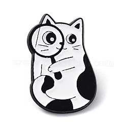 Cartoon Style Cat with Magnifying Glass Enamel Pins, Black Alloy Badge for Men Women, White, 26x18x1.5mm