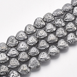 Electroplated Natural Lava Rock Beads Strands, Bumpy, Heart, Gunmetal Plated, 11x10~10.5x4.5~5mm, Hole: 1mm, about 40pcs/strand, 15.7 inch