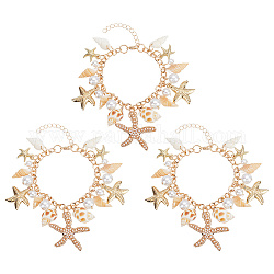 Pandahall elite 3 pièces coquille de conque naturelle et alliage étoile de mer et ccb bracelet à breloques en plastique perle, bijoux thème océan pour femme, or, 7-1/2 pouce (19.2 cm)