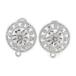 Hollow Flower Brass Micro Pave Cubic Zirconia Stud Earrings Finding, with Horizontal Loops, Cadmium Free & Lead Free, Platinum, 18x16mm, Hole: 1.5mm, Pin: 0.8mm
