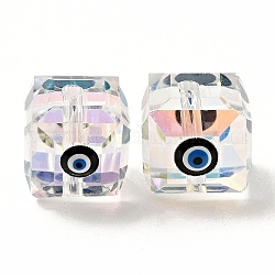 Perles en verre transparentes, avec l'émail, facette, cube avec motif mauvais œil, noir, 10~11x9x10mm, Trou: 1.6mm