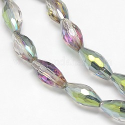 Electroplate Crystal Glass Rice Beads Strands, Faceted, Rainbow Color Plated, Olive Drab, 13x6mm, Hole: 1mm, about 50pcs/strand, 24.4inch