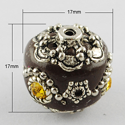 Handmade Indonesia Beads, with Alloy Cores, Round, Antique Silver, Coconut Brown, 17x17x17mm, Hole: 2mm