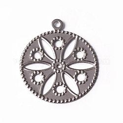 201 Stainless Steel Filigree Pendants, Flat Round, Stainless Steel Color, 22x19x0.6mm, Hole: 1mm