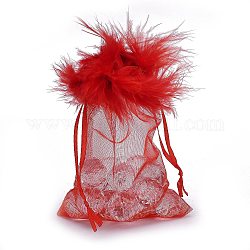 Pochette organza pour cadeaux, avec cordon de serrage et plume, bijoux pochettes sacs, pour les sacs en filet de bonbons de noce, rectangle, rouge, 15x10.5x0.08 cm