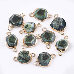 Electroplate Natural Agate Links connectors, with Brass Findings, Dyed, Faceted, Golden, Green, 16~20x9~12x4~8mm, Hole: 2mm