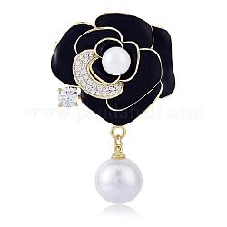 Pearl Camellia Flower Brooch Pin Rhinestone Crystal Brooch Flower Lapel Pin for Birthday Party Anniversary T-shirt Dress Clothing Accessories Jewelry Gift, Black, 47.5x30.5mm