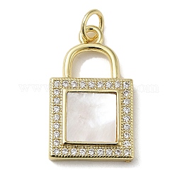 Brass Micro Pave Cubic Zirconia Pendants, with Shell, Lock, Real 18K Gold Plated, 21x12.5x3mm, Hole: 3.4mm