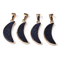 Synthetic Blue Goldstone Pendants, with Golden Brass Pinch Bail and Edge, Moon, 28x11~12x4mm, Hole: 7x4mm
