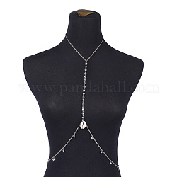Collana del corpo per le donne sexy, con 304 catena portacavi in ​​acciaio inossidabile, individuazione di ferro, vetro placca, perle di conchiglia di ciprea, colore acciaio inossidabile, 14.56 pollice (37 cm)