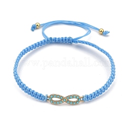 Nylon ajustable pulseras de abalorios trenzado del cordón, con eslabones de aleación de resina y cuentas redondas de latón, infinito, luz azul cielo, diámetro interior: 2-3/8~4-3/8 pulgada (6.2~11 cm)