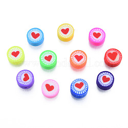 Manuell Polymer Ton Perlen, flach rund mit Herz, Mischfarbe, 9.5~10x4.5~5 mm, Bohrung: 1.6 mm