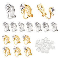 Pandahall Elite 16 Stück 2 Stil Messing Clip-On Ohrring Zubehörse, mit Strass-Kristall, mit Schleife, mit 16 Stück Silikonpads, Platin & golden, Ohrringbefunde: 7~7.5x14~15x5~6mm, Bohrung: 1.5 mm, 8pcs / style