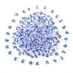 Transparente klare Acrylperlen, horizontales Loch, flach rund mit zufälligem Buchstaben, Blau, 7x4 mm, Bohrung: 1.6 mm, 200 Stück / Set