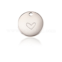 304 charms in acciaio inox, piatta e rotonda con il cuore, colore acciaio inossidabile, 11.5x1mm, Foro: 1.5 mm