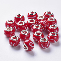 Perles européennes vernissées manuelles, Perles avec un grand trou   , avec couleur argent plaqué doubles noyaux de cuivre, rondelle, rouge, 14x11mm, Trou: 5mm