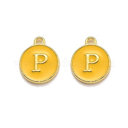 Golden Plated Alloy Enamel Charms, Enamelled Sequins, Flat Round with Alphabet, Letter.P, Yellow, 14x12x2mm, Hole: 1.5mm