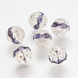 Brass Rhinestone Beads, Grade A, Silver Color Plated, Round, Violet, 8mm, Hole: 1mm
