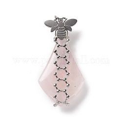 Natural Rose Quartz Pendants, with Stainless Steel Color Plated 304 Stainless Steel Bee Findings, with Jump Ring, Teardrop, 35~40x18~20x7~9mm, Jump Ring: 4x0.6mm, Inner diameter: 2.8mm