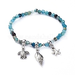 Bracelets extensibles en agate naturelle teintée, avec pendentifs en alliage et bélières en tube, coquille en spirale & tortue de mer & étoile de mer, 2-1/8 pouce (5.4 cm)