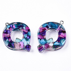 Transparent Epoxy Resin Pendants, with Shell Slices and Loops, Alphabet, Letter.Q, 30x30x7mm, Hole: 1.6mm