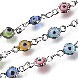 Handmade Evil Eye Lampwork Link Chains, Soldered, with Brass Findings, with Spool, Long-Lasting Plated, Flat Round, Gunmetal, Mixed Color, 10x4.5x2mm, Hole: 1.5mm, about 32.8 Feet(10m)/roll