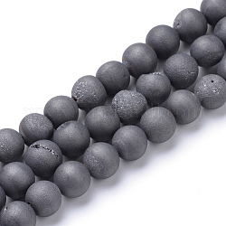 Electroplated Natural Druzy Geode Agate Bead Strands, Matte Style, Round, Gray Plated, 8~9mm, Hole: 1mm, about 46pcs/strand, 15.3 inch