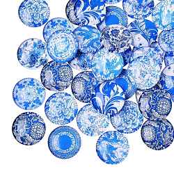 Cabujones de vidrio impresos en azul y blanco 50pcs, medio redondo / cúpula, acero azul, 25x7mm