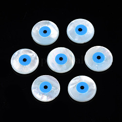 Perlas de concha de nácar de concha blanca natural, con turquesa sintética, plano y redondo con mal de ojo, luz azul cielo, 15x3mm, agujero: 0.7 mm