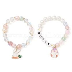 2Pcs 2 Style Easter Theme Glass & Shell Pearl Beaded Stretch Bracelets Set, Acrylic Word Bunny Kids Bracelet with Alloy Enamel Rabbit Charms, Colorful, Inner Diameter: 1-3/4 inch(4.5cm), 1Pc/style