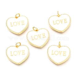 Colgantes de esmalte de latón, Plateado de larga duración, real 18k chapado en oro, con anillos de salto, para el dia de san valentin, corazón con la palabra amor, blanco, 17.5x20x2.5mm, agujero: 3 mm