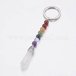 Natural Quartz Crystal Chakra Pointed Keychain, with Mixed Stone and Platinum Plated Brass Key Findings, Bullet, 107~110mm, Ring: 24x2mm