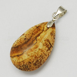 Nature Gemstone Pendants, with Brass Findings, Teardrop, Picture Jasper, 24x15x9mm, Hole: 6x3mm