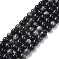 Brins de perles d'obsidienne argent naturel, ronde, 10mm, Trou: 1.2mm, Environ 36~38 pcs/chapelet, 14.84'' (37.7~39.5 cm)