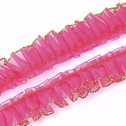 Nastro di organza, nastro pieghettato / doppio con volant, rosa intenso, 19~23 mm, 60 m / bundle