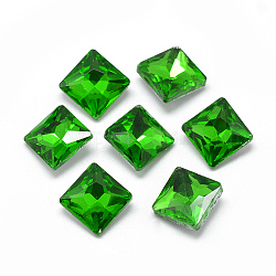 Cabujones de cristal con rhinestone, espalda plateada, facetados, cuadrado, verde, 8x8x3.5mm