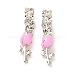 Abalorios colgantes europeos de esmalte rosa perla de aleación con revestimiento en rack, amuletos de gran agujero, rosa, Platino, 26mm, rosa: 18.5x6.5x5.5 mm, agujero: 5.7 mm