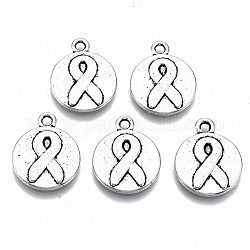 Tibetan Style Alloy Pendants, Flat Round with Silk Ribbon, Cadmium Free & Lead Free, Antique Silver, 20x16x2mm, Hole: 2mm