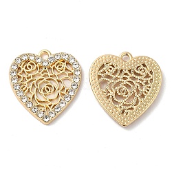 Colgantes de aleación de Diamante de imitación, Sin cadmio y níque y plomo, corazón con dijes de flores, dorado, 21x19.5x2mm, agujero: 1.6 mm