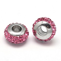 Perles européennes rondelles en 304 acier inoxydable avec strass en pâte polymère, avec double côté noyau de couleur platine, couleur inoxydable, rose, 10x6mm, Trou: 4mm