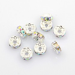 Brass Rhinestone Spacer Beads, Grade A, AB Color, Silver Color Plated, Rondelle, Clear AB, Size: about 8mm in diameter, 3.5mm thick, hole: 2mm