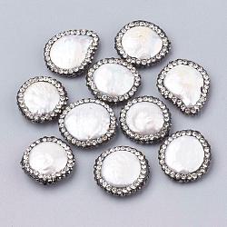 Perles de coquille d'eau douce naturelles rondes en strass en pâte polymère, cristal, 15~23x15~19x5~6mm, Trou: 0.7mm
