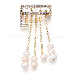 Abakus-Broschen mit natürlichen Perlen und Quasten für Damen, Stecknadeln aus Messing mit kubischem Zirkonia, echtes 14k vergoldet, 70x31x9 mm