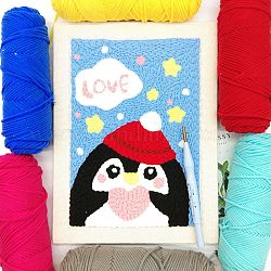 Kit de suministros de bordado punzón pingüino, incluyendo la instrucción, tela bordada con marco de madera maciza, aguja de plastico e hilos de 7 color, color mezclado, 16~352x1.3~262x2.5~19mm
