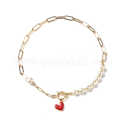 Collane di perline di vetro, con 304 catenina a graffetta in acciaio inossidabile e ciondoli a cuore, oro, rosso, 16.73 pollice (42.5 cm)